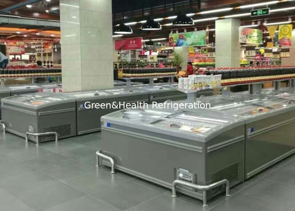 Supermarket Curved Lid Chest Display Combined Island Fridge Freezer Sliding Door