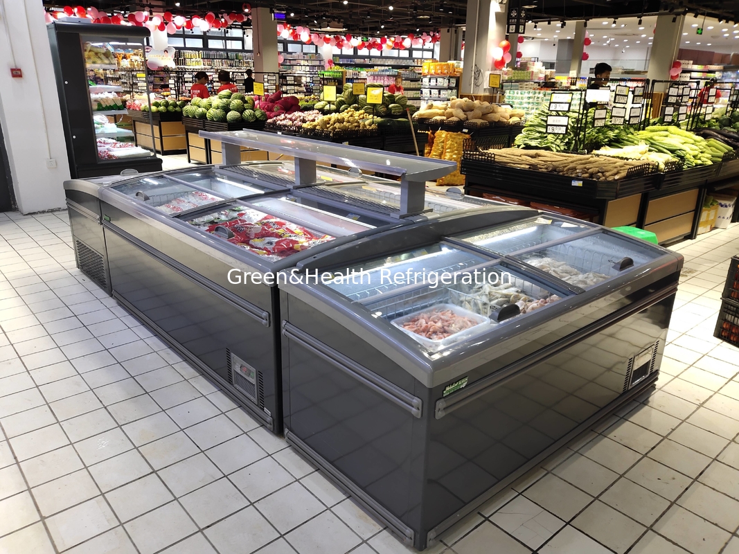 Supermarket Curved Lid Chest Display Combined Island Fridge Freezer Sliding Door