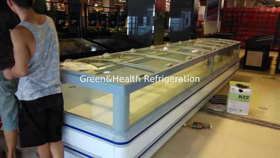 Big Store R404a Supermarket Island Freezer White Color With Curve Glass