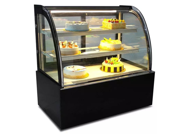 Bakery Shop Curved Glass Cake Display Freezer With 2 Shelves