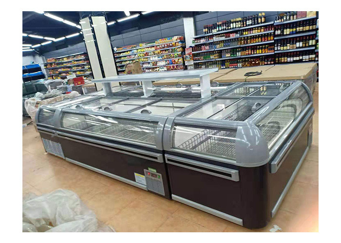 Large Commercial Luxury Chest Deep Freezer Curve Glass Sliding Door Island Fridge