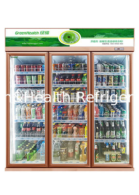 Three Glass Door Beverage Refrigerator Drinks Display Cooler With Gold Frame
