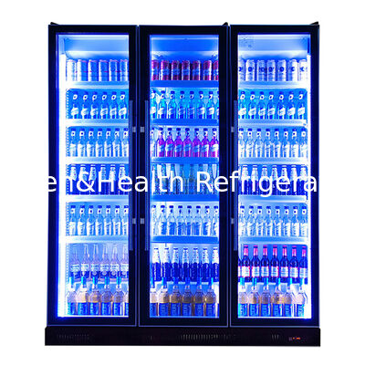 A Beverage Refrigeration Display Freezer With Multiple Adjustable LED Lights And Three Glass Doors